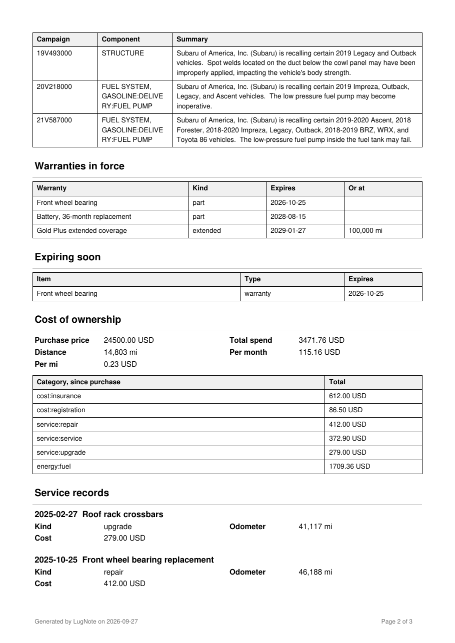 Page two of a sample vehicle report: warranties, cost of ownership and service records.